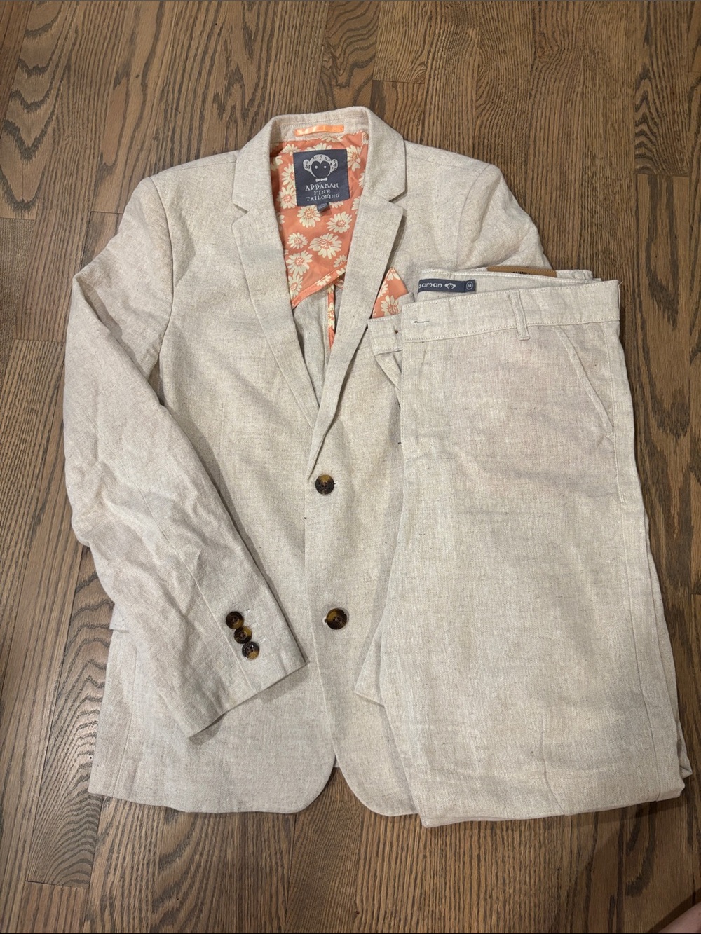 Appaman Light Beige Linen-Blend Blazer & Pants with Floral Orange Lining